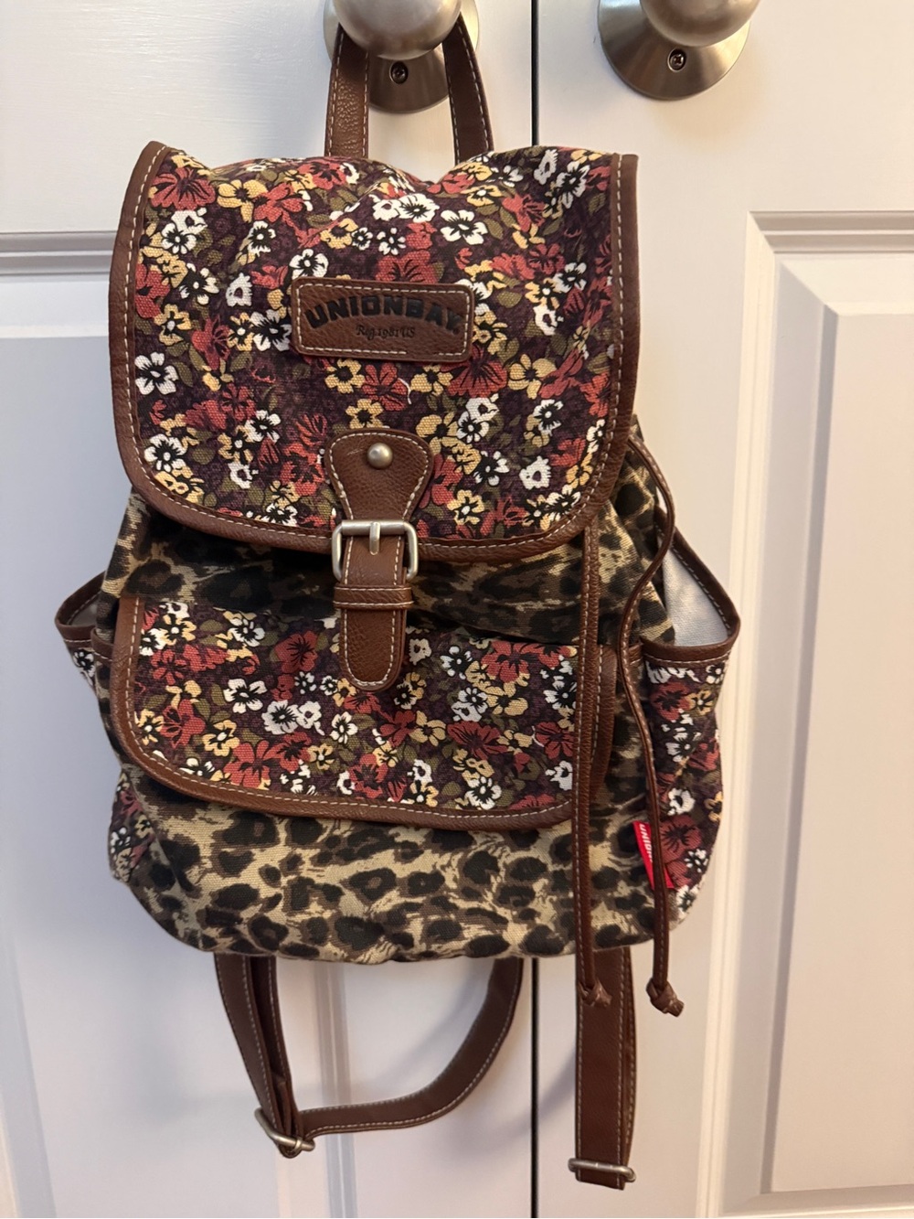 UNIONBAY Brown Floral & Leopard Canvas Drawstring Backpack